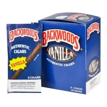 Backwoods Vanilla display box of eight five-packs beside a single pack