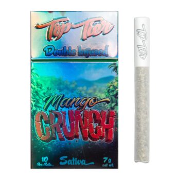 Top Tier Double Infused Mango Crunch (Sativa) pre-roll pack with one pre-roll beside the box