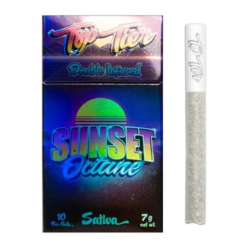 Top Tier Double Infused Sunset Octane (Sativa) pre-roll pack with one pre-roll beside the box